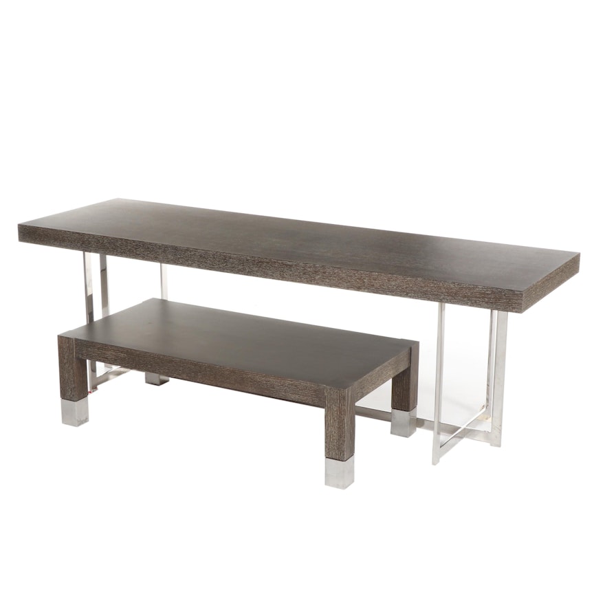 Contemporary Cerused Oak and Metal Table with Bench