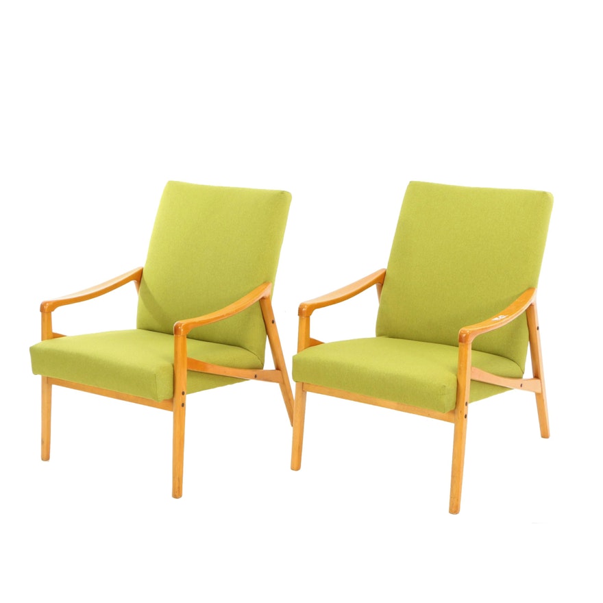 Pair of Czech Modern Beech Upholstered Arm Chairs, Mid-Century