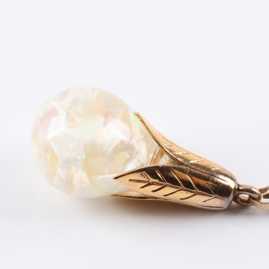 14K Yellow Gold Floating Opal Chip Pendant Necklace