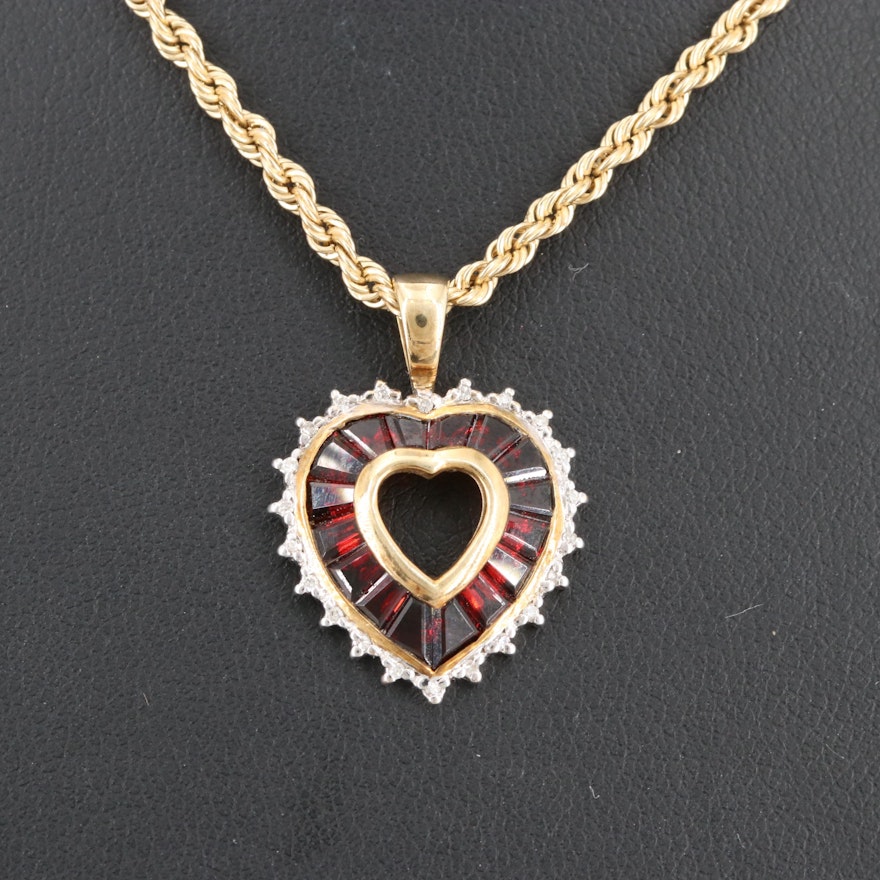 10K Yellow Gold Garnet and Diamond Heart Pendant Necklace