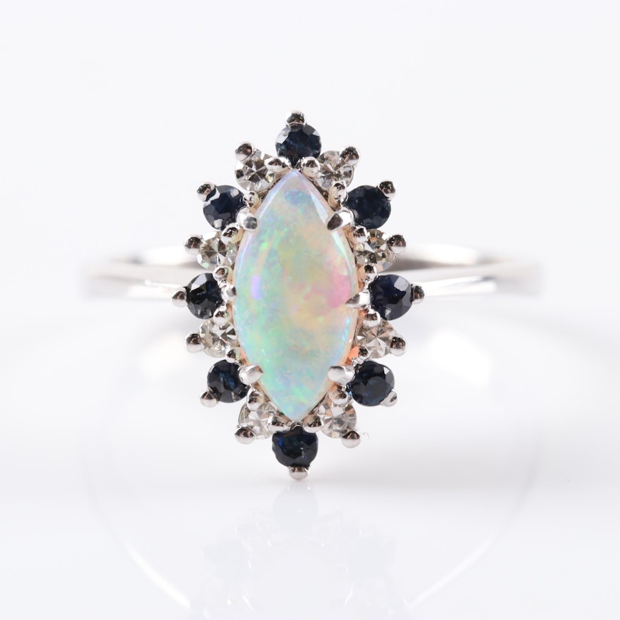 14K White Gold Opal, Sapphire and Diamond Ring