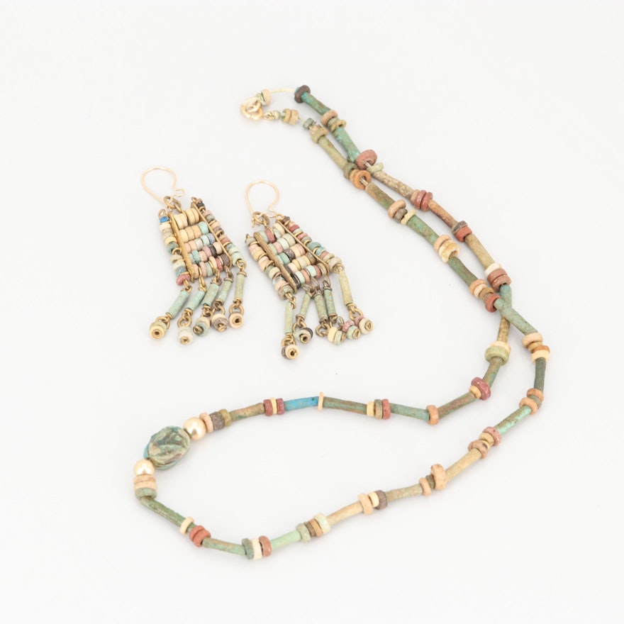 Vintage Egyptian 14K Yellow Gold Faience Necklace and Earrings