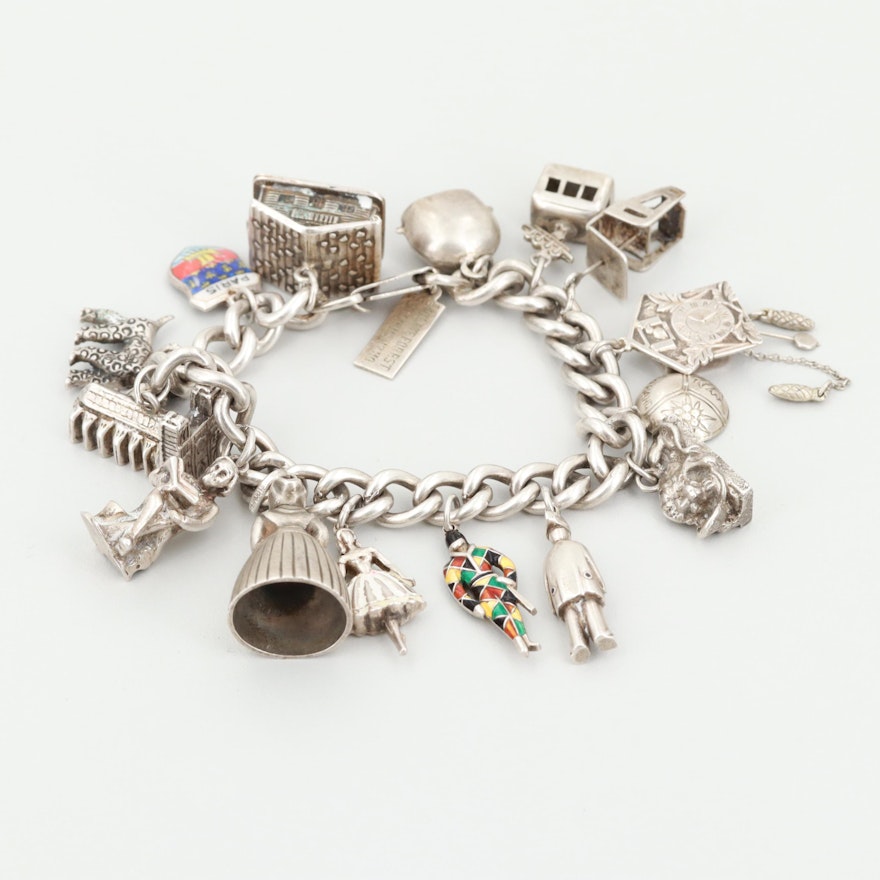 Vintage Sterling Bracelet With Mixed Metal and Enamel Coated Charms