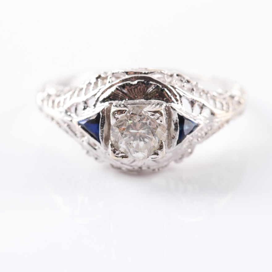14K White Gold Diamond and Sapphire Filigree Ring
