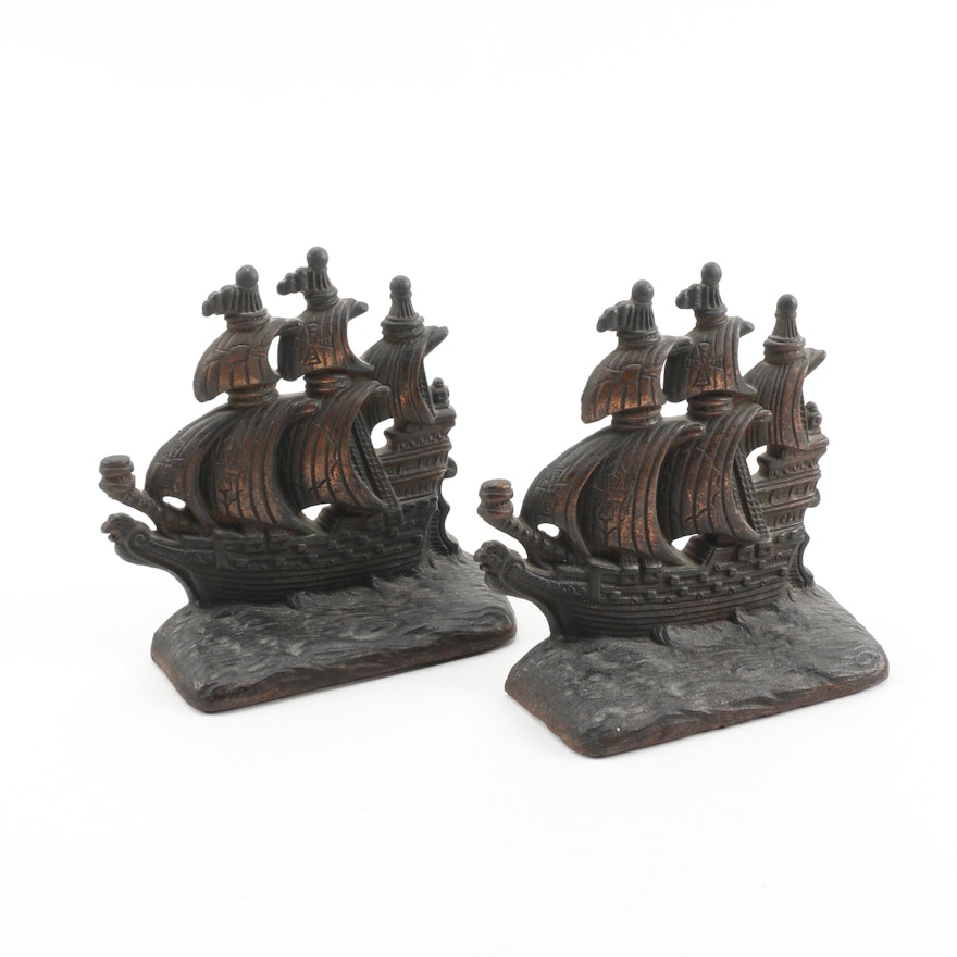 Cast Iron Spanish Galleon Bookends with Copper Finish, Early 20th Century