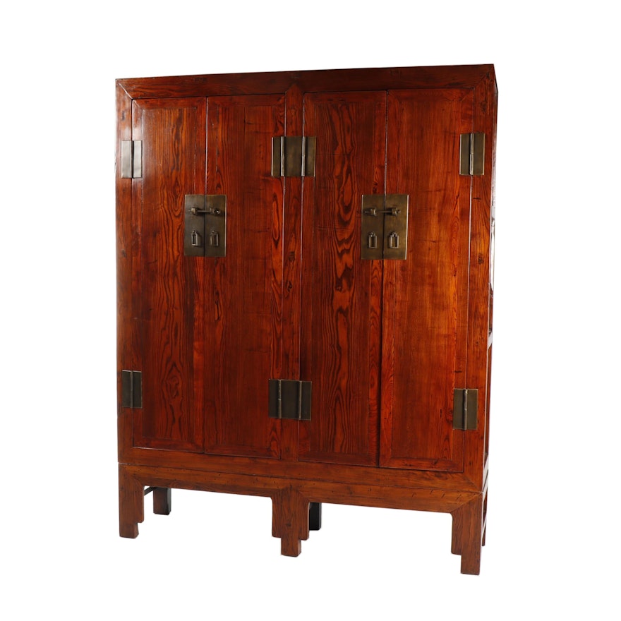 Chinese Elm Armoire on Stand, Mid-20th Century