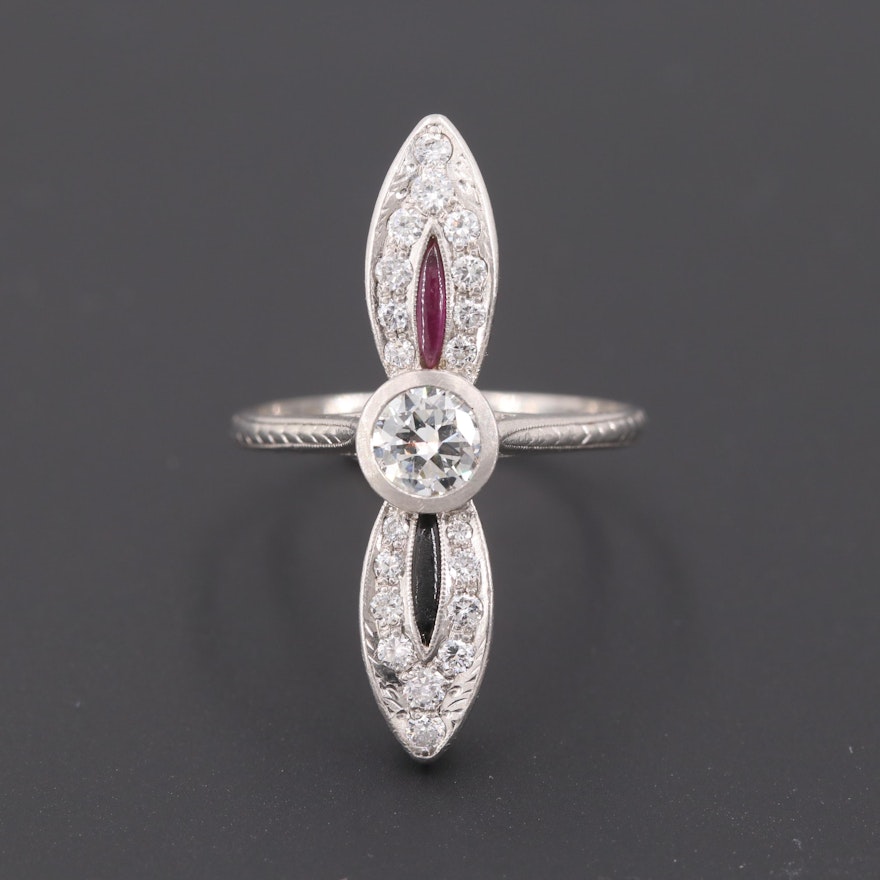 Art Deco Platinum Diamond, Synthetic Ruby and Black Onyx Ring