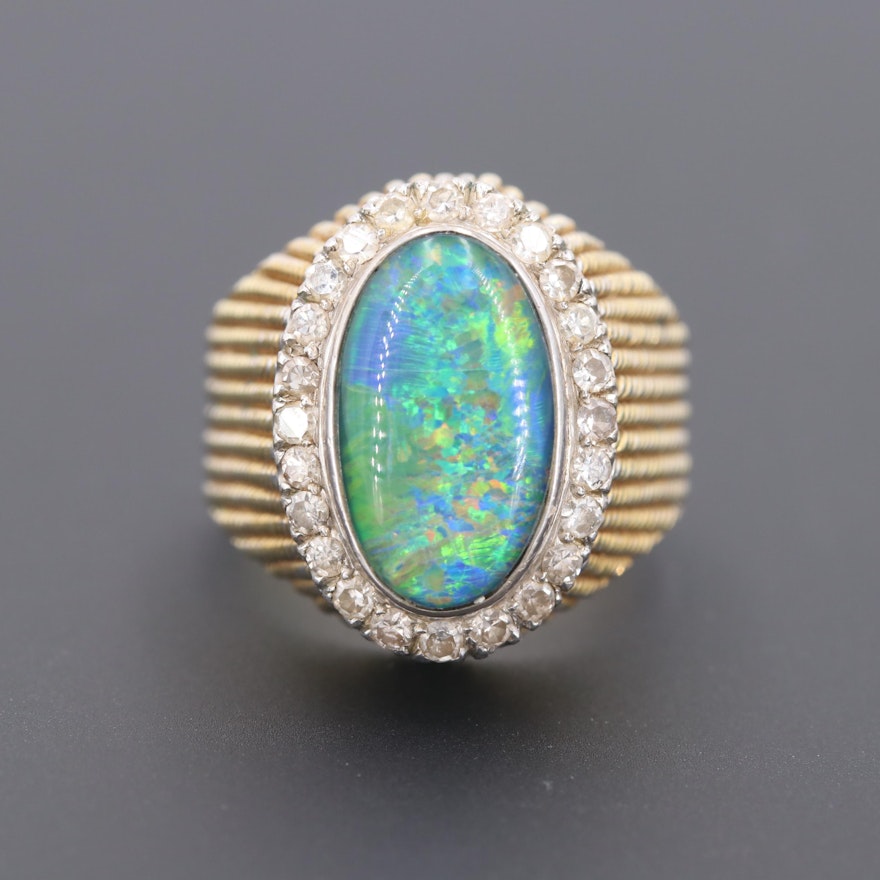 14K Yellow and White Gold Opal Triplet and Diamond Ring