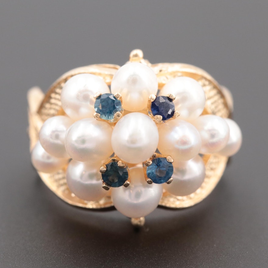 Vintage 14K Yellow Gold Blue Sapphire and Cultured Pearl Bombé Ring