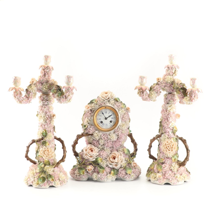 Sitzendorf Porcelain Clock Garniture Set, Late 19th Century