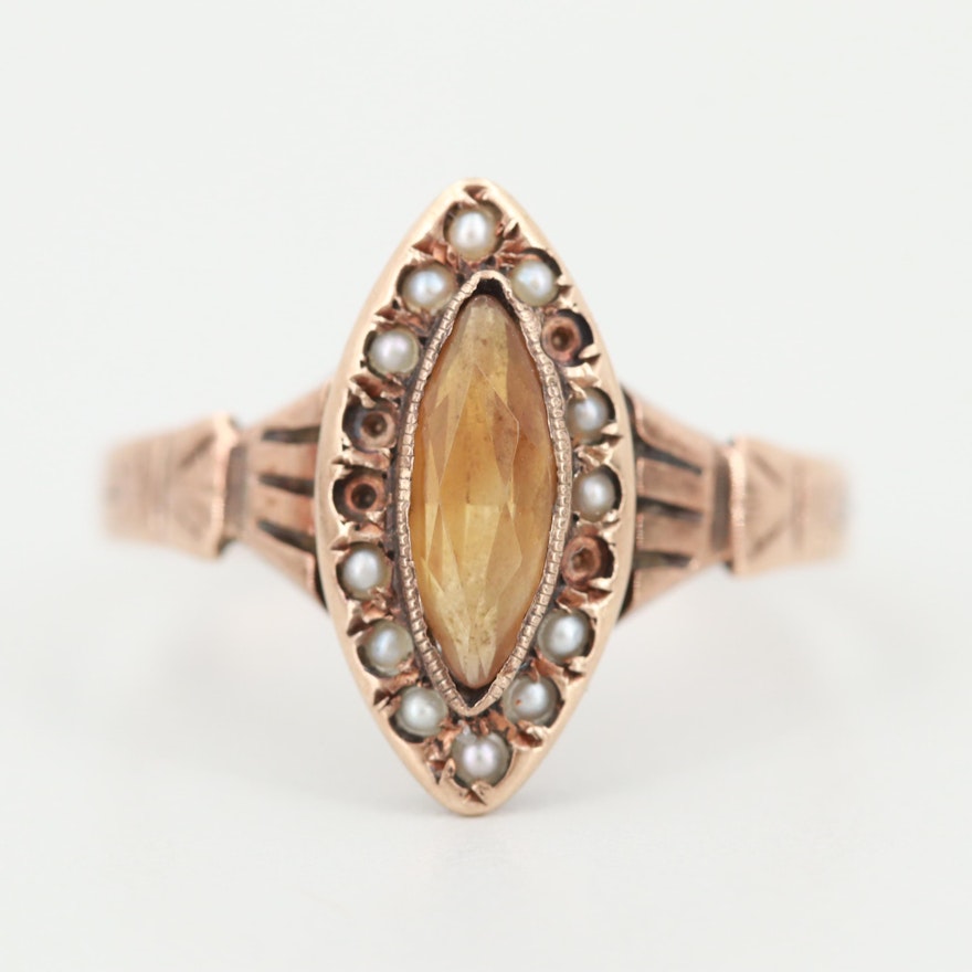 Victorian 10K Rose Gold Citrine and Seed Pearl Ring