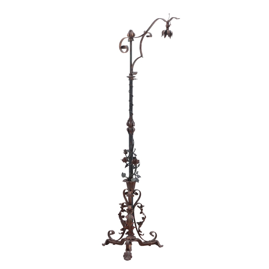 Metal Tole Floral and Acanthus Leaf Floor Lamp, Early to Mid 20th Century