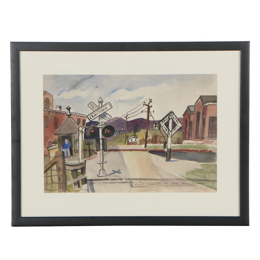 Esther Phillips 1940s Watercolor Painting of Wingdale, New York Street Scene