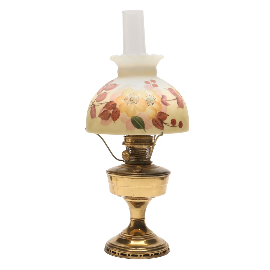 Aladdin Model 12 Oil Lamp with Hurricane Glass, Hand-Painted Milk Glass Shade