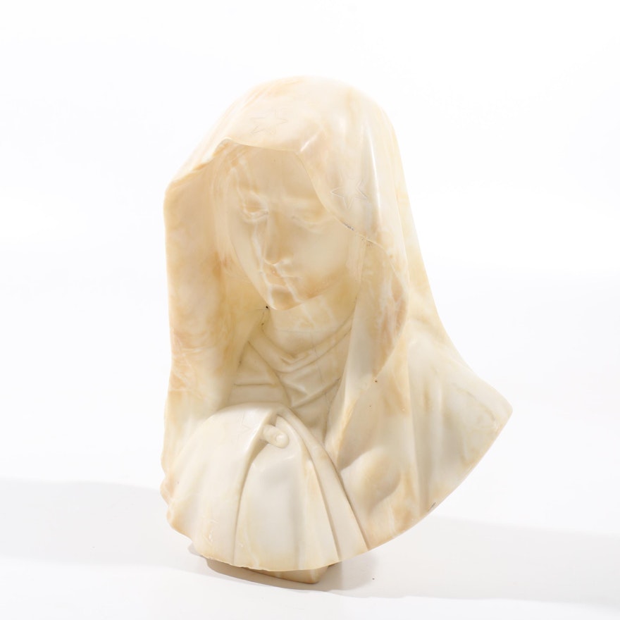 Carved Alabaster Bust of Virgin Mary