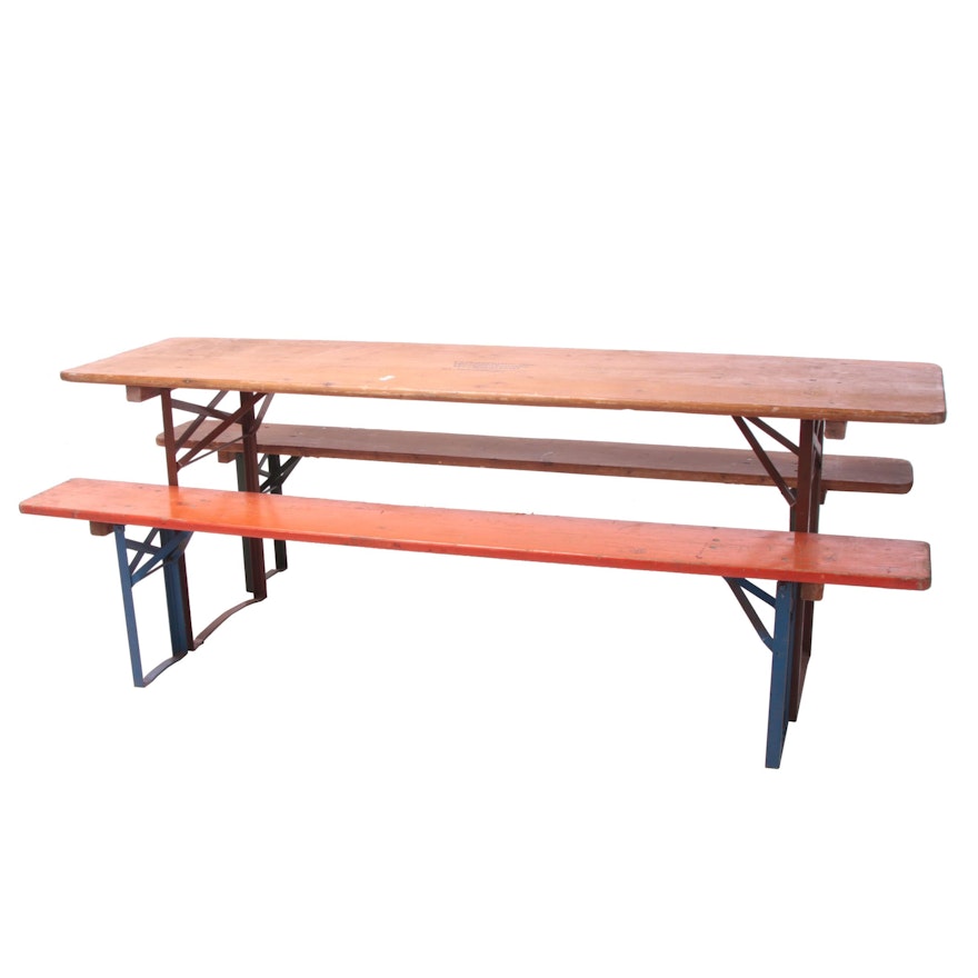 German Beirgarten Wooden Folding Table and Benches, Late 20th Century