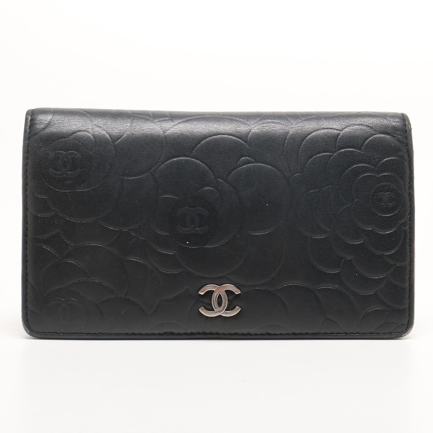 Chanel Black Floral Embossed Lambskin Leather Bifold Wallet with Blush Lining