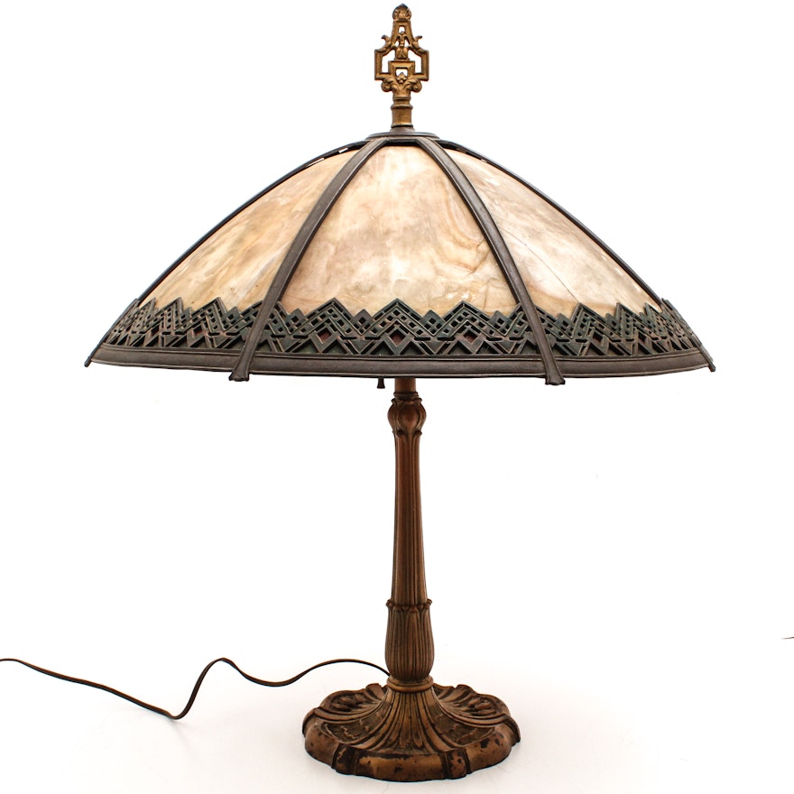 Cast Metal Table Lamp with Slag Glass and Overlay Shade After Miller