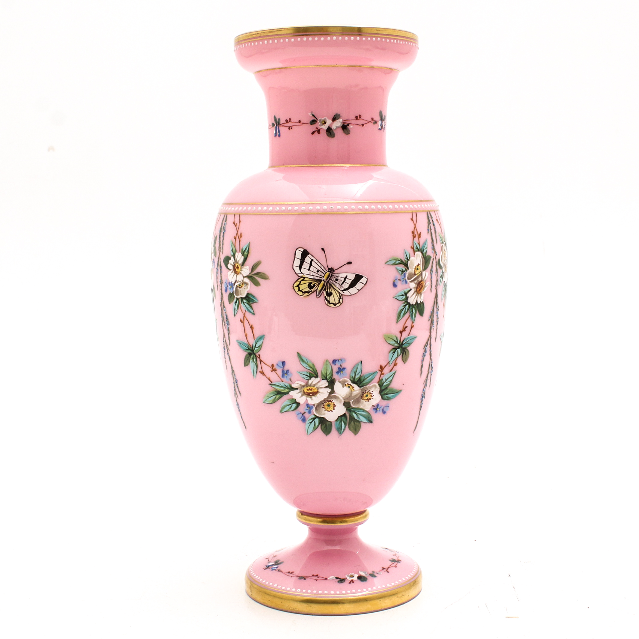 Bohemian Pink Cased Glass Vase with Enamel Floral Decoration