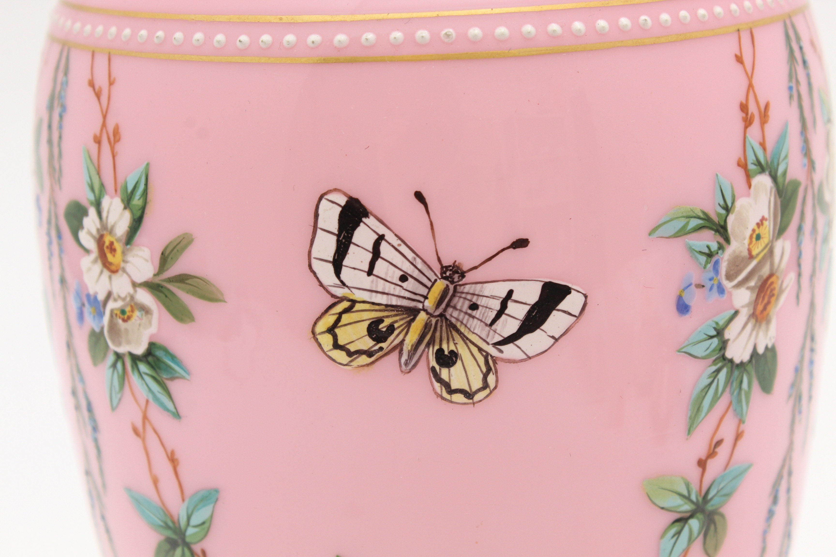 Bohemian Pink Cased Glass Vase with Enamel Floral Decoration