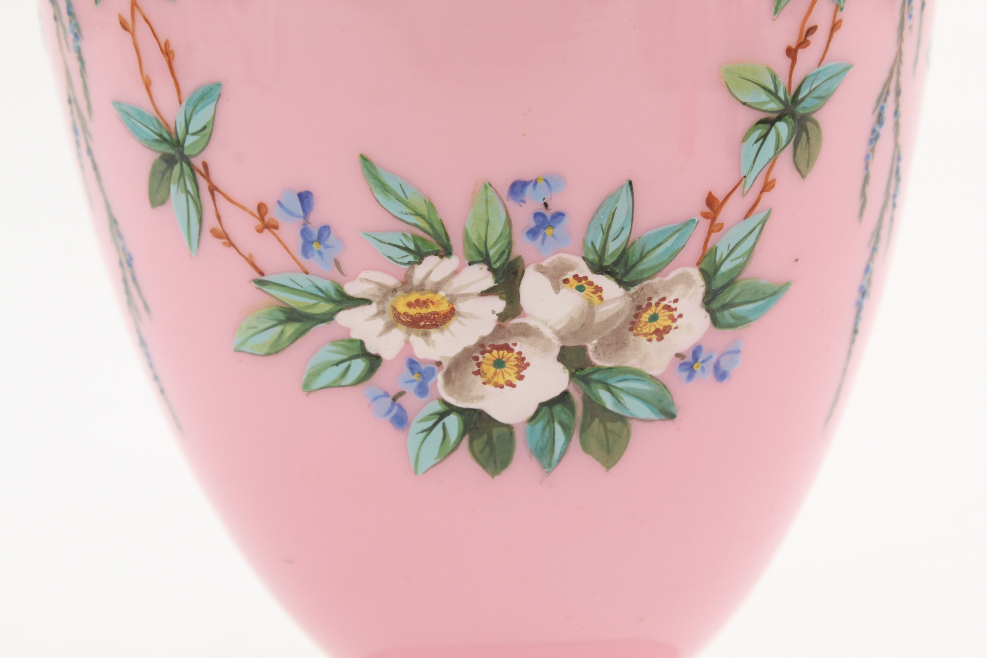 Bohemian Pink Cased Glass Vase with Enamel Floral Decoration