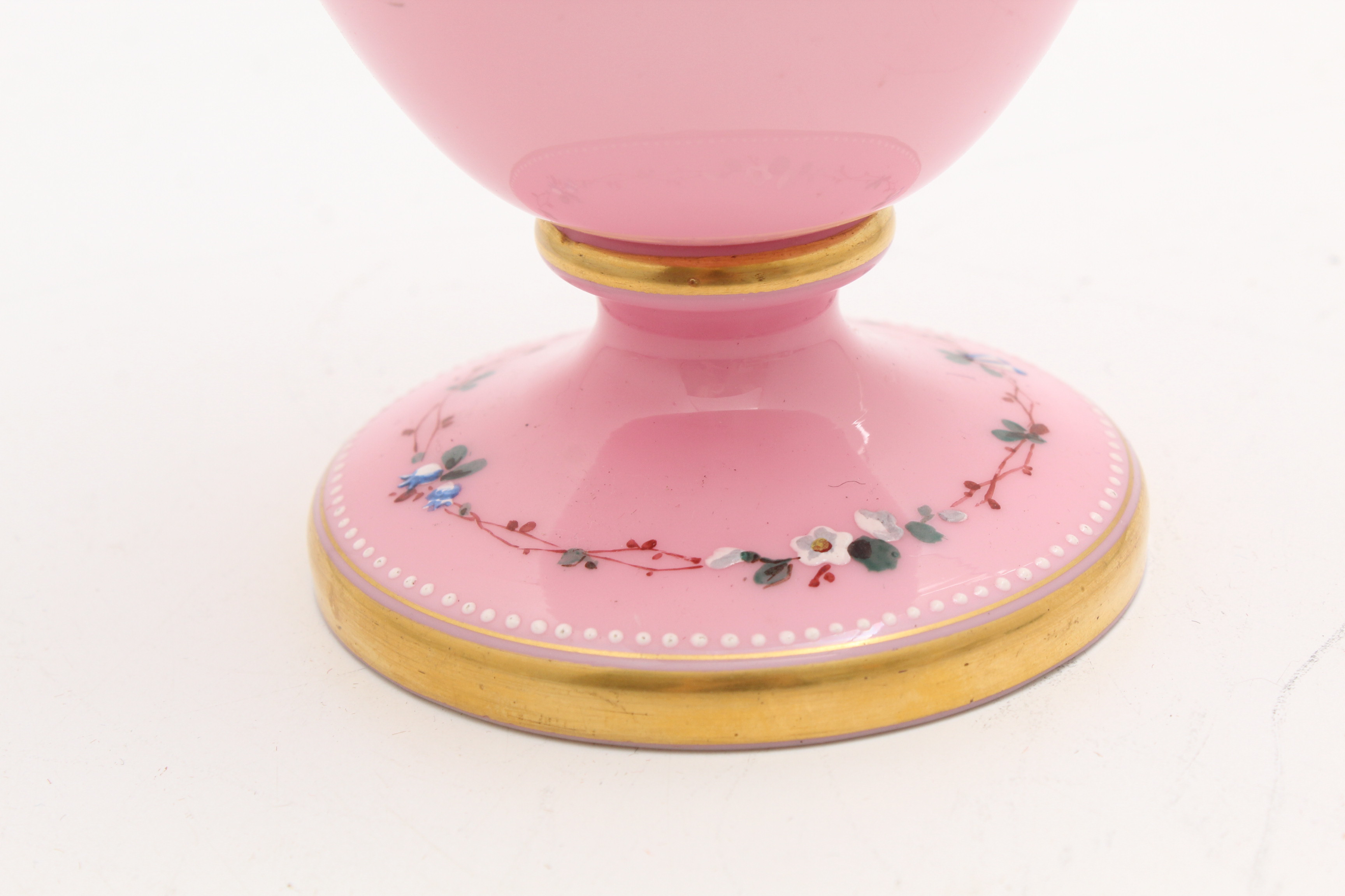 Bohemian Pink Cased Glass Vase with Enamel Floral Decoration
