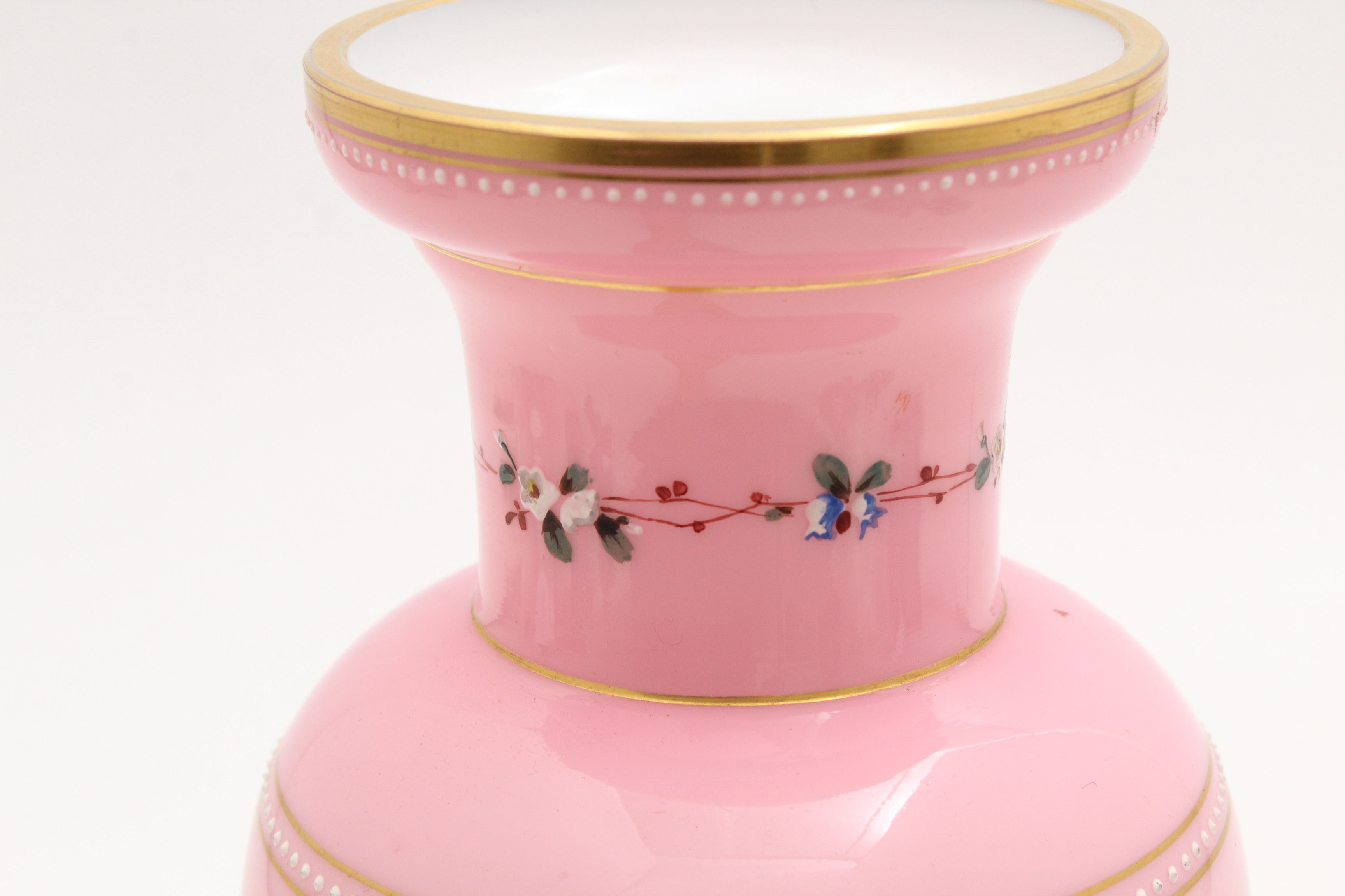 Bohemian Pink Cased Glass Vase with Enamel Floral Decoration