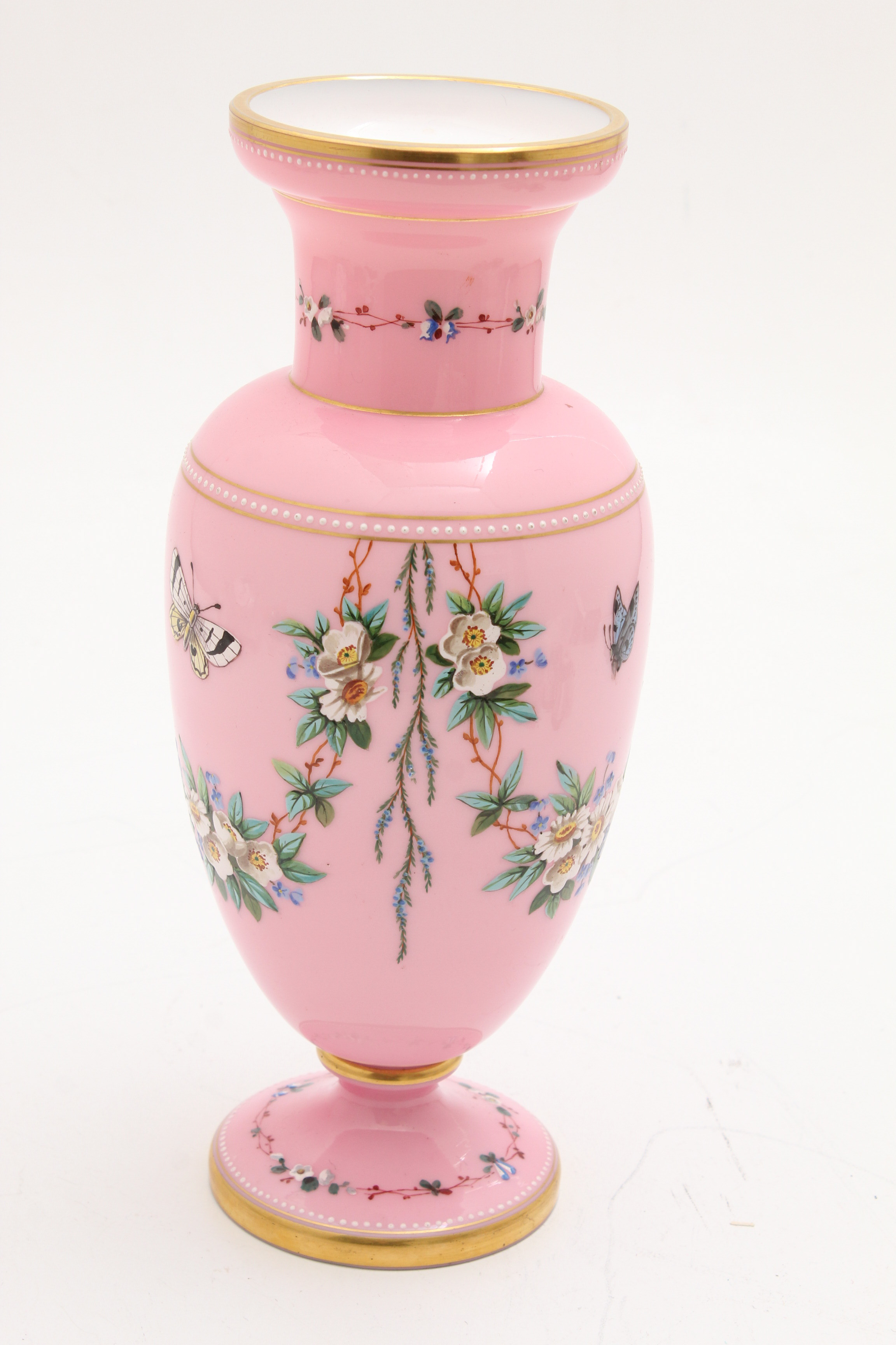 Bohemian Pink Cased Glass Vase with Enamel Floral Decoration