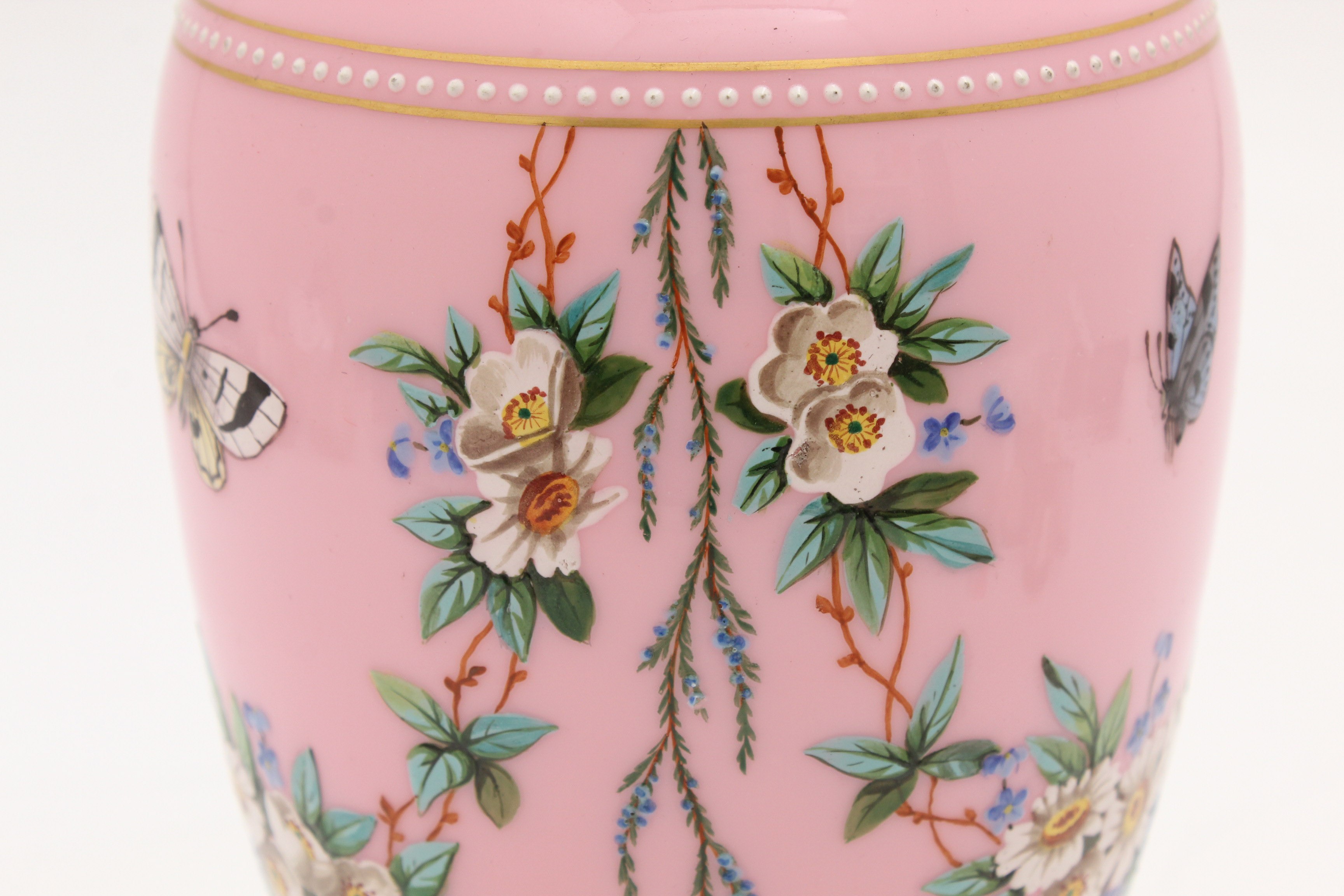 Bohemian Pink Cased Glass Vase with Enamel Floral Decoration
