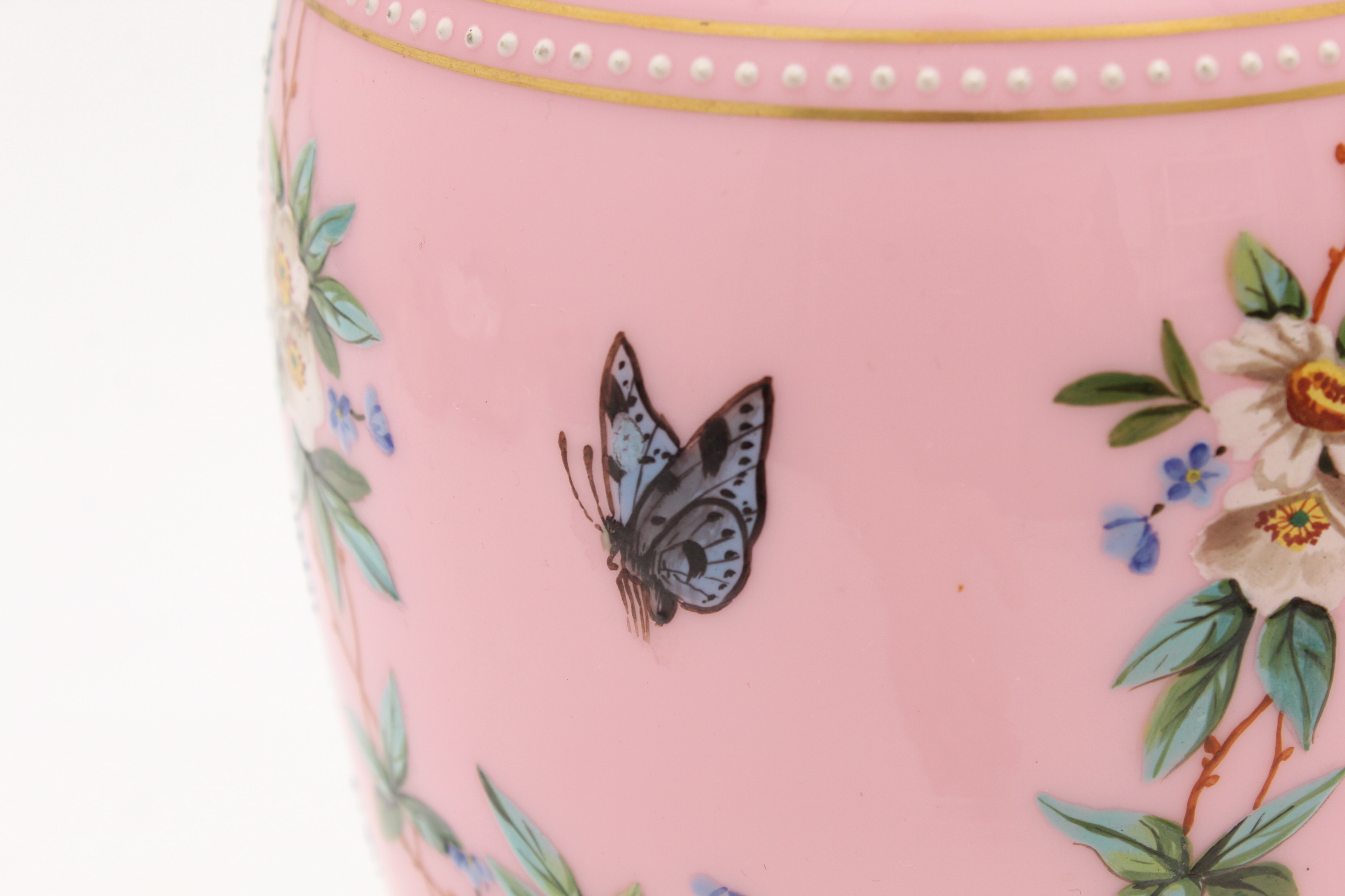 Bohemian Pink Cased Glass Vase with Enamel Floral Decoration