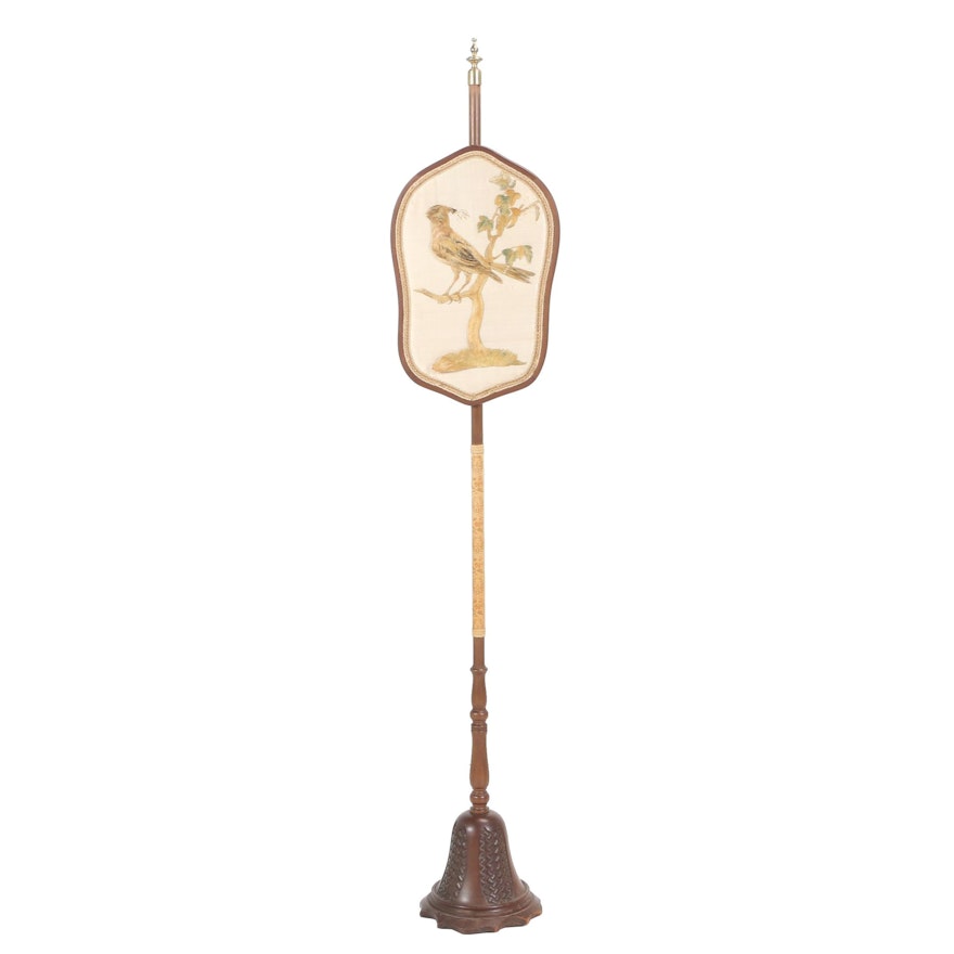 George III Style Walnut and Silk Pole Screen, 20th Century