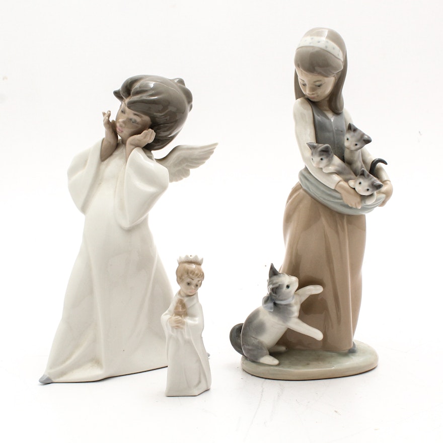 LLadro "Following Her Cats", "Mime Angel" Figurines and Child King Ornament