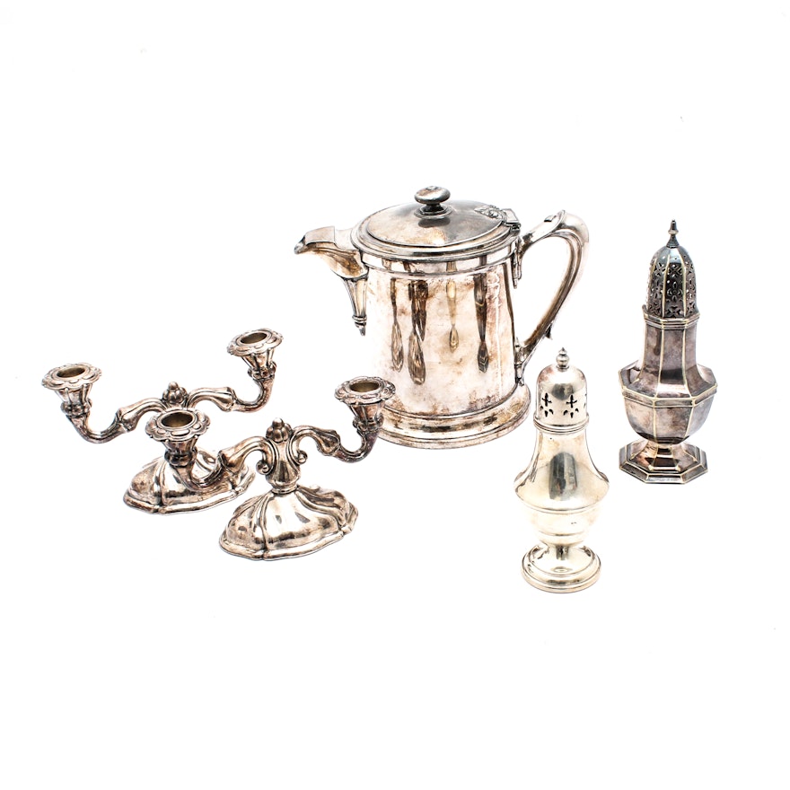 Silver Plate Muffineers, Enamel Lined Pitcher and Candle Holders
