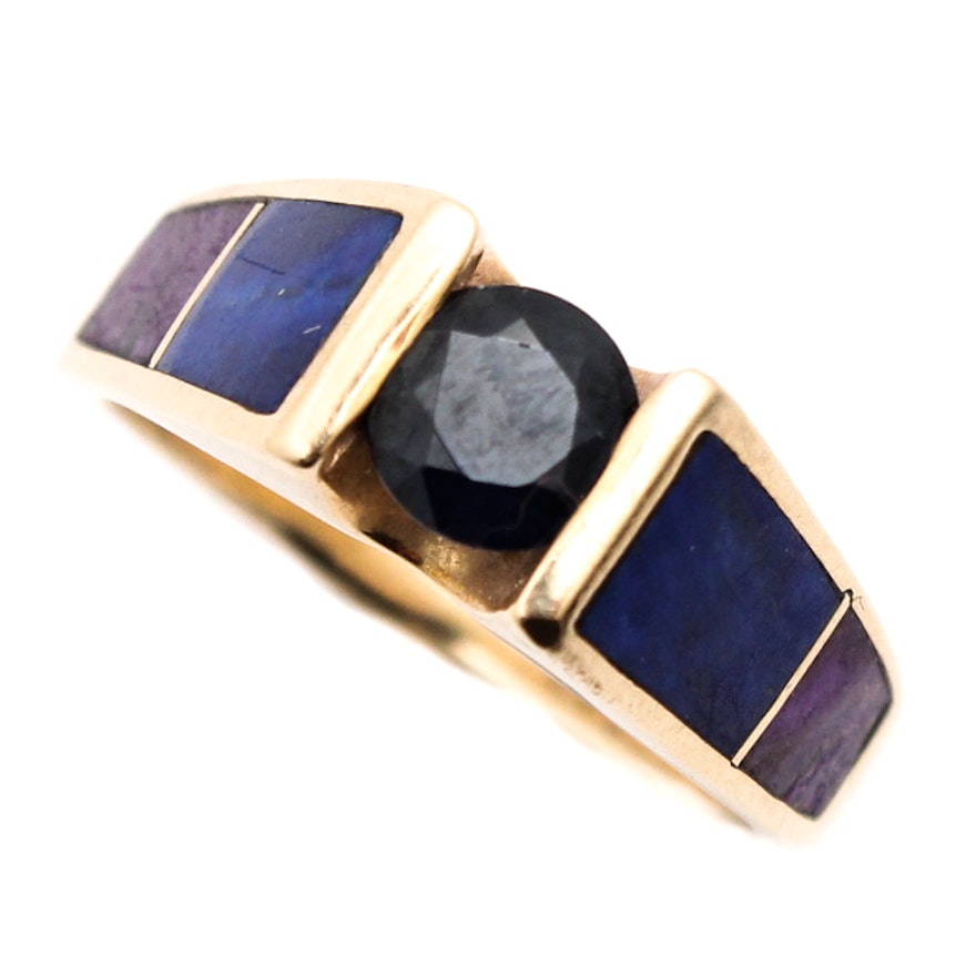 14K Yellow Gold Sapphire, Lapis, Sugalite, and Diamond Ring