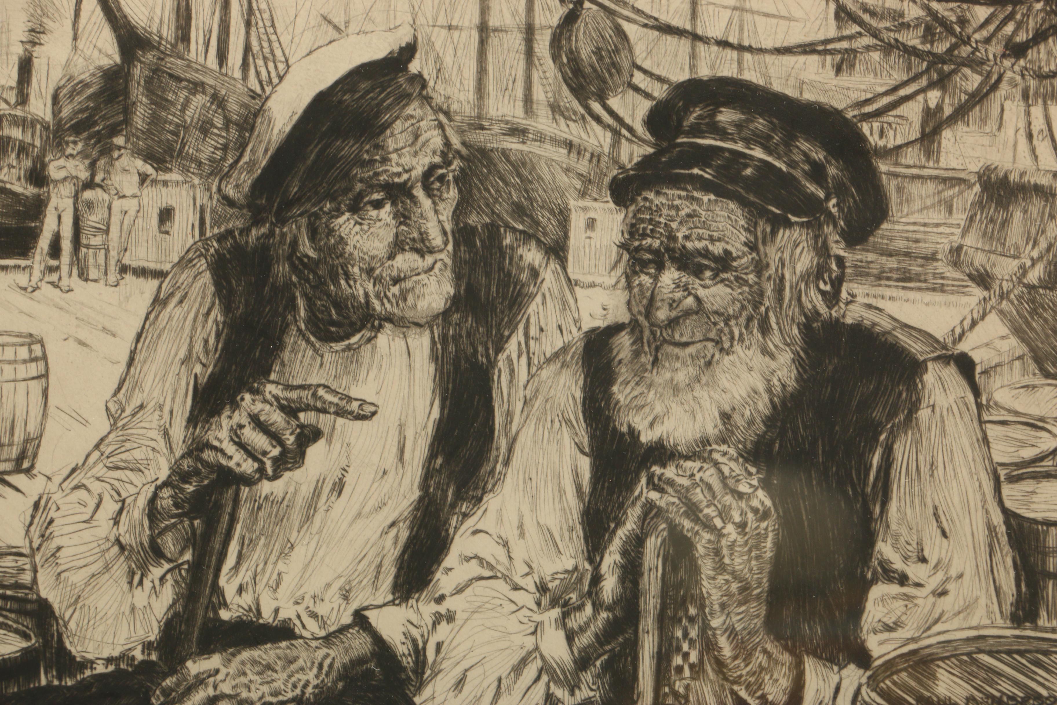 Paul Ashbrook Etching of Two Sailors on Dock