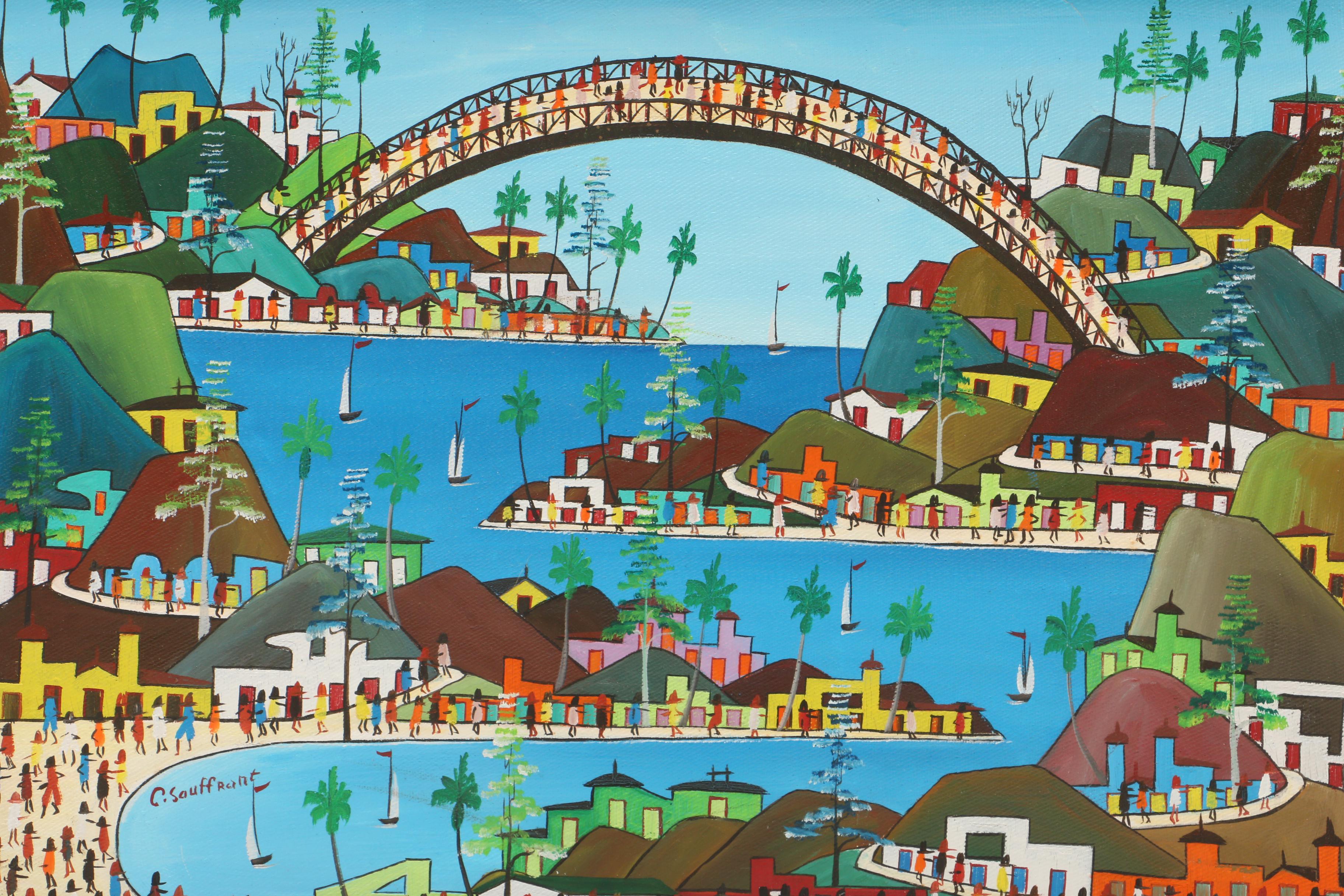 C. Sauffront 1981 Acrylic Painting of Coastal City Scene