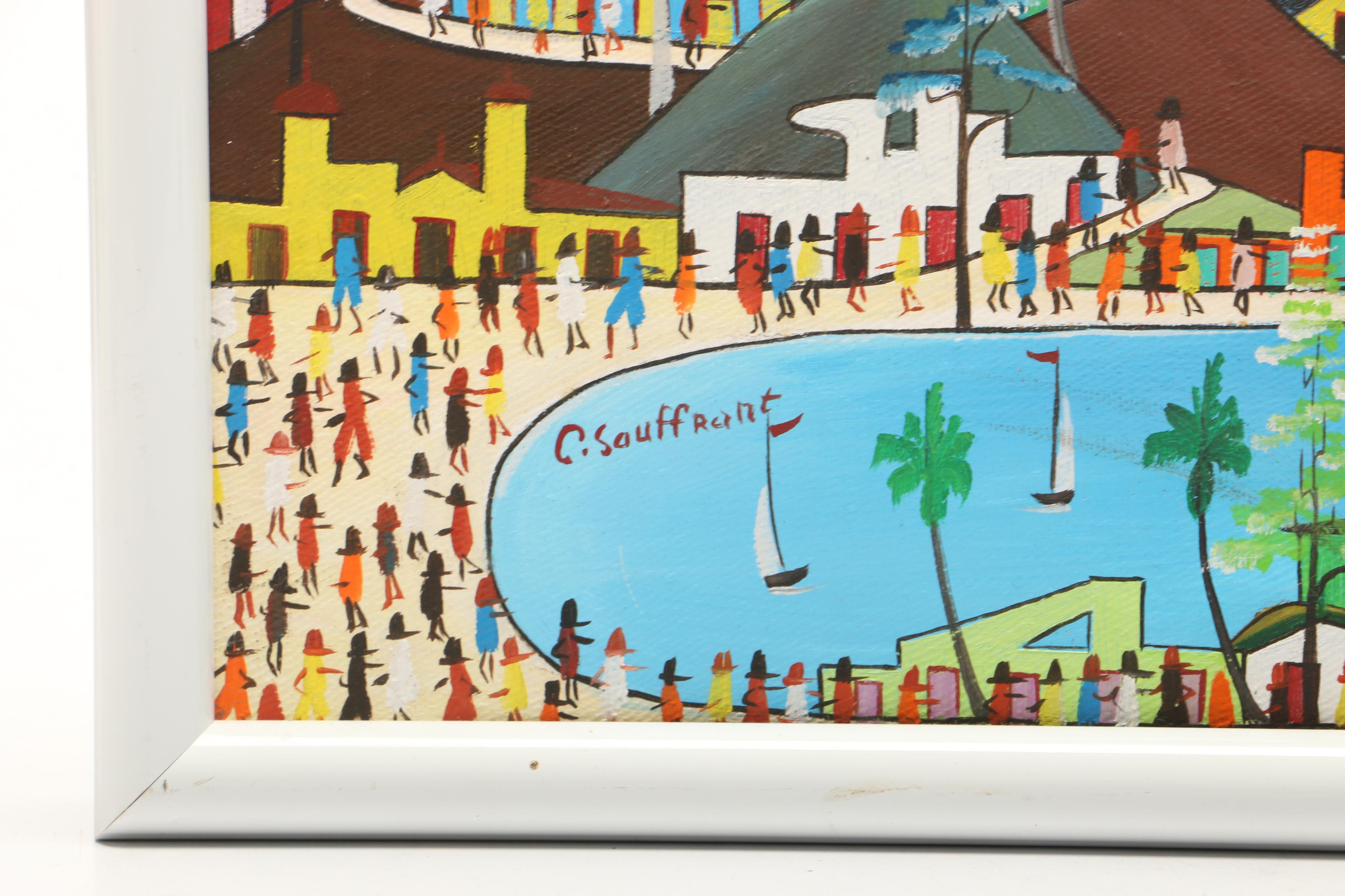 C. Sauffront 1981 Acrylic Painting of Coastal City Scene