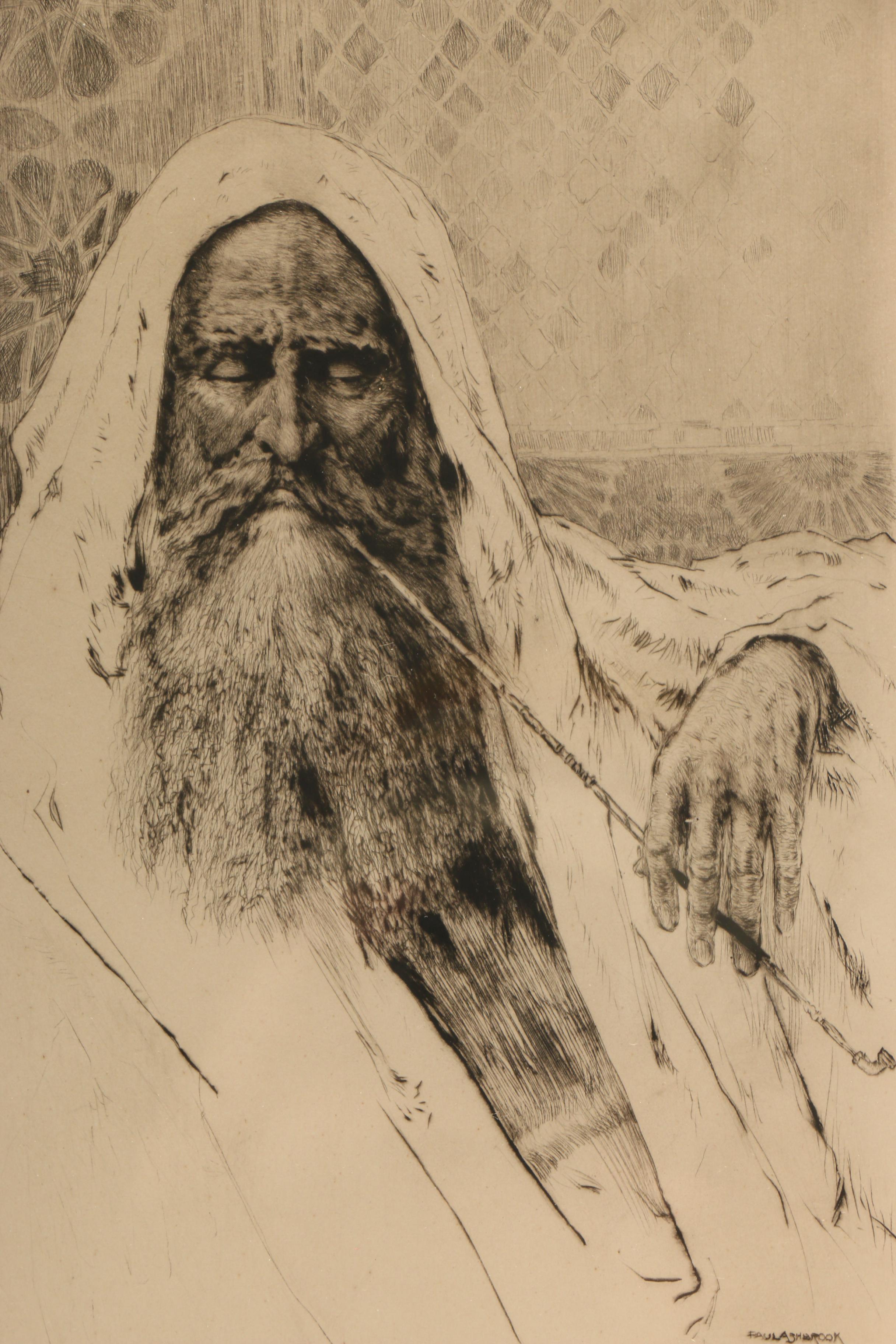 Paul Ashbrook Etching of Middle Eastern Man with Pipe