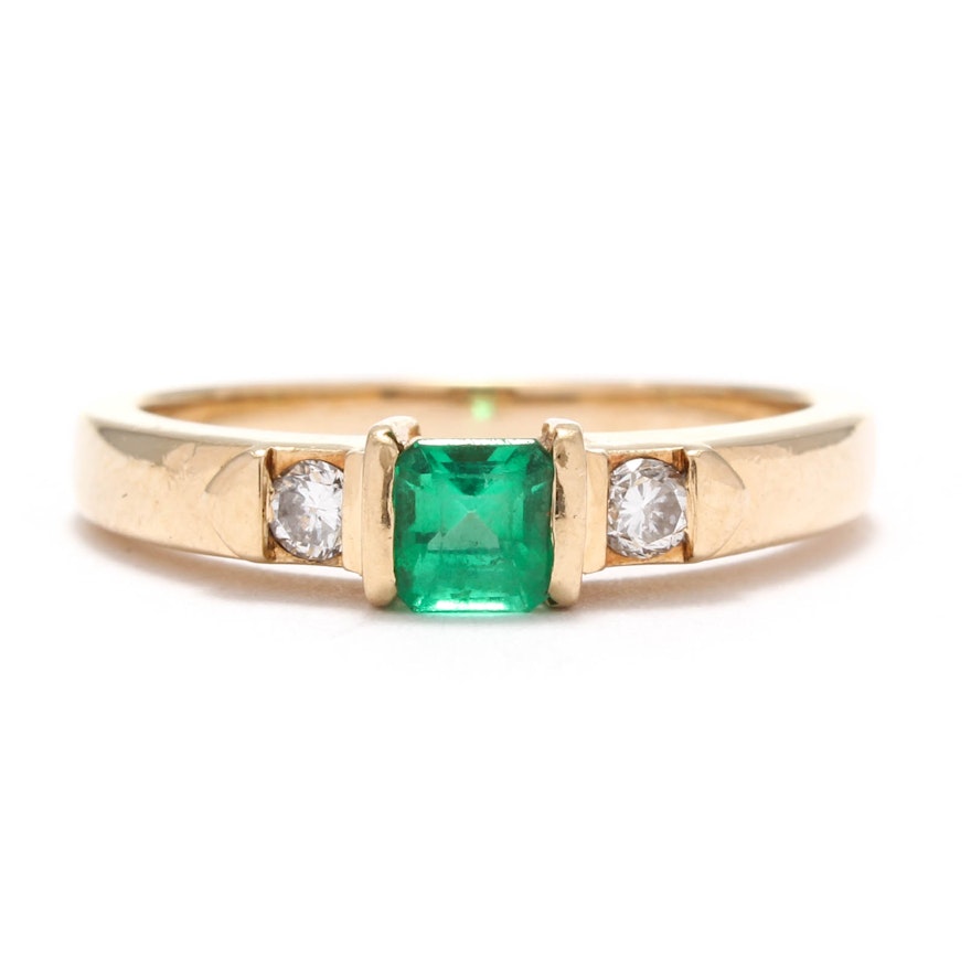 14K Yellow Gold Emerald and Diamond Ring