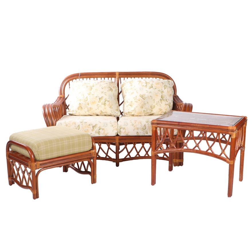 Rattan Loveseat, Ottoman, and Side Table