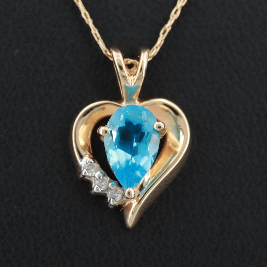 14K Yellow Gold Topaz and Diamond Heart Pendant Necklace