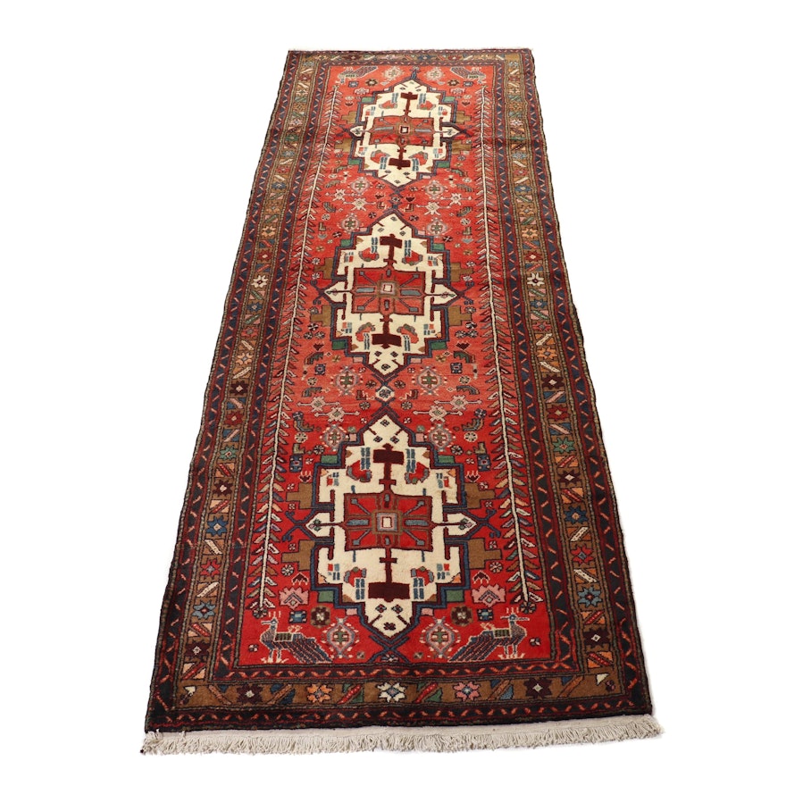 Hand-Knotted Persian Heriz Pictorial Wool Carpet Runner
