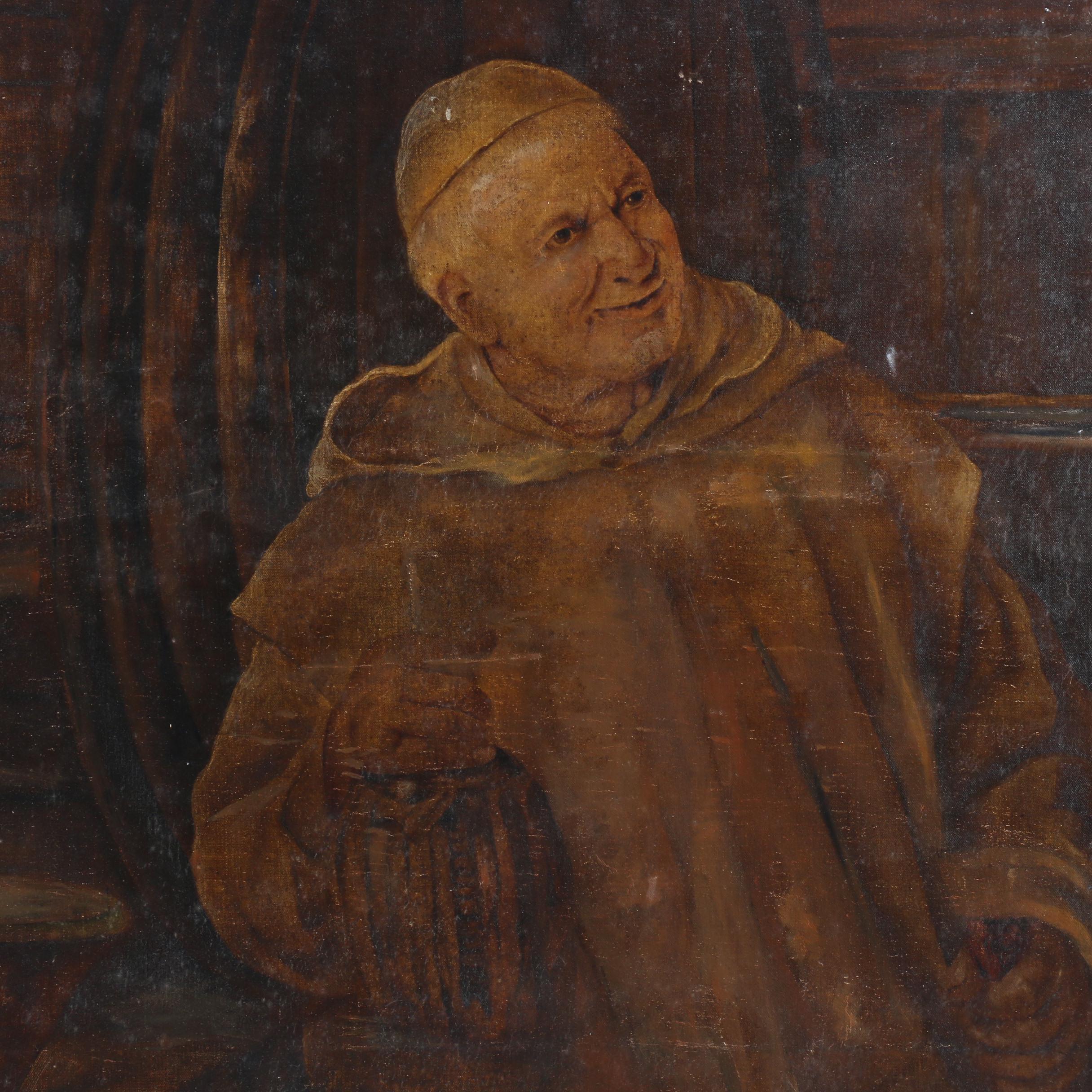 20th Century Oil Painting of Trappist Monk with Beer Barrel