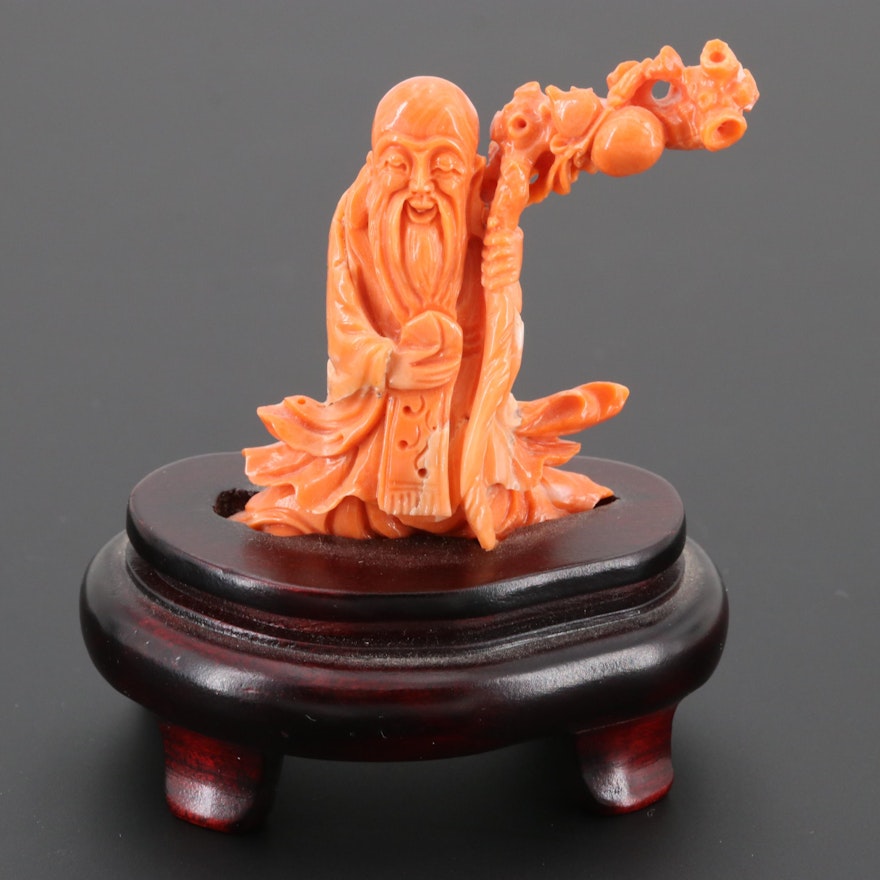 Chinese Carved Coral and Wood God of Longevity Figurine