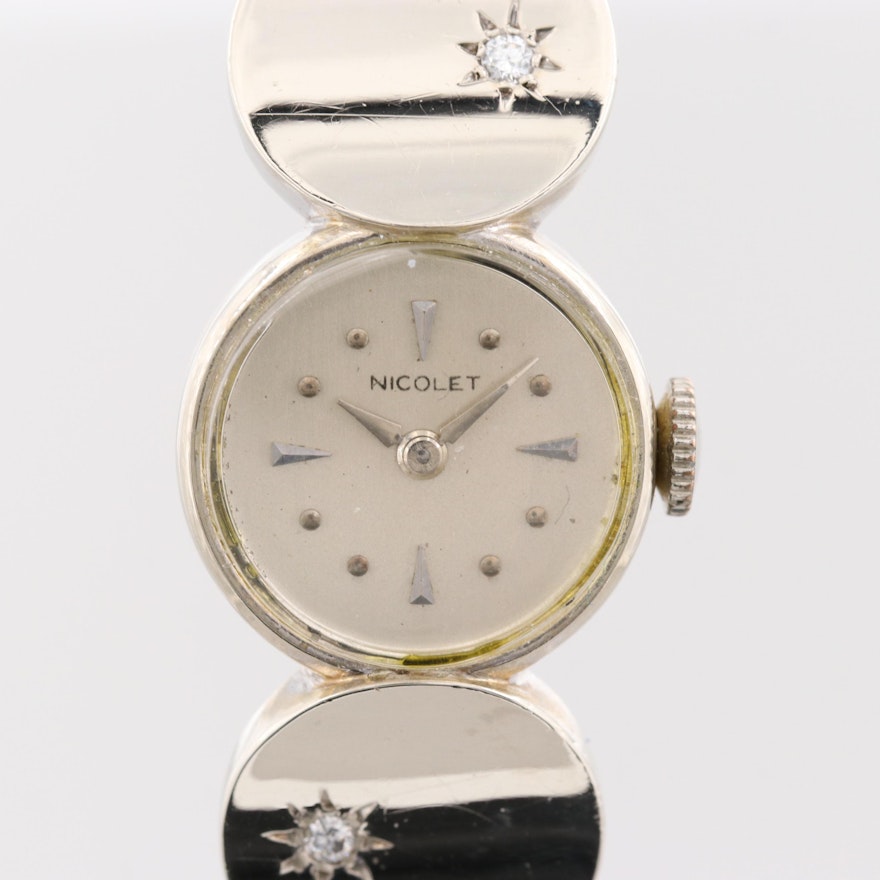 Nicolet 14K White Gold Wristwatch With Diamonds