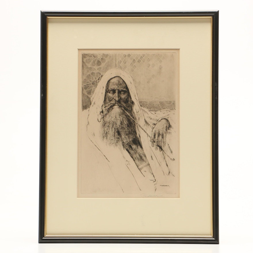 Paul Ashbrook Etching of Middle Eastern Man with Pipe