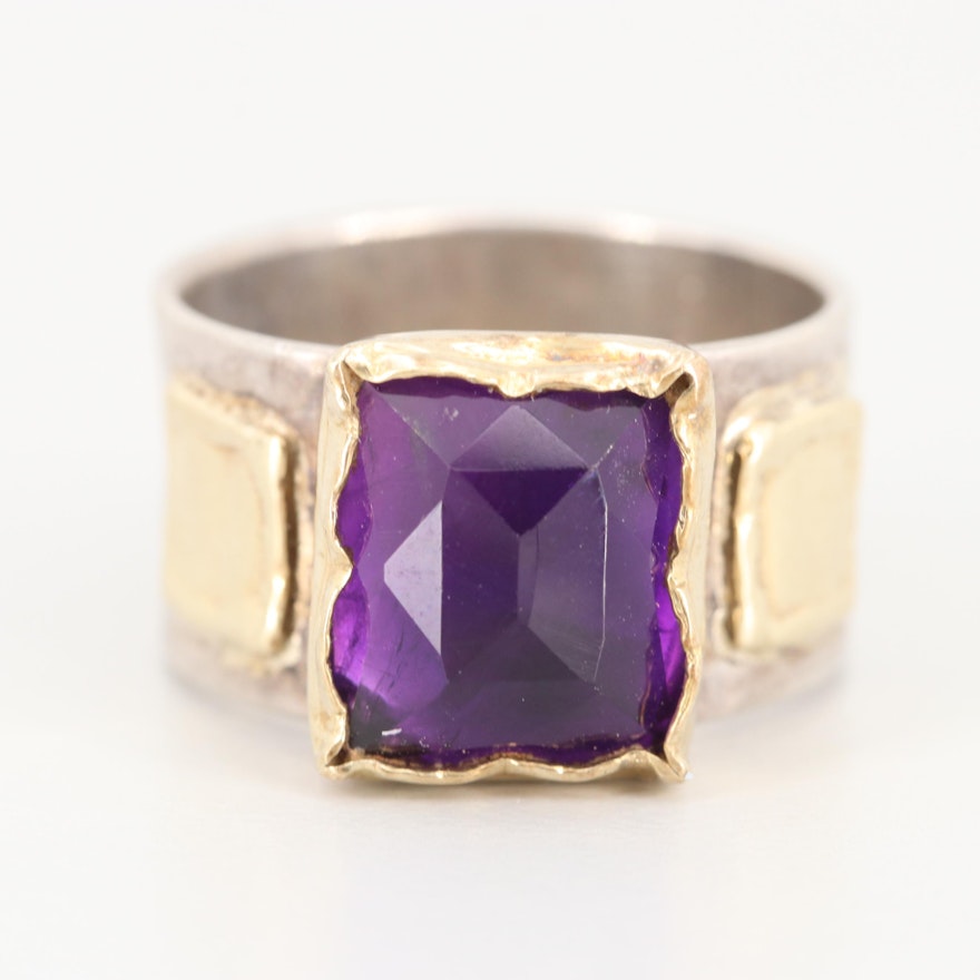 Sterling Silver Amethyst Ring with 14K Yellow Gold Accents