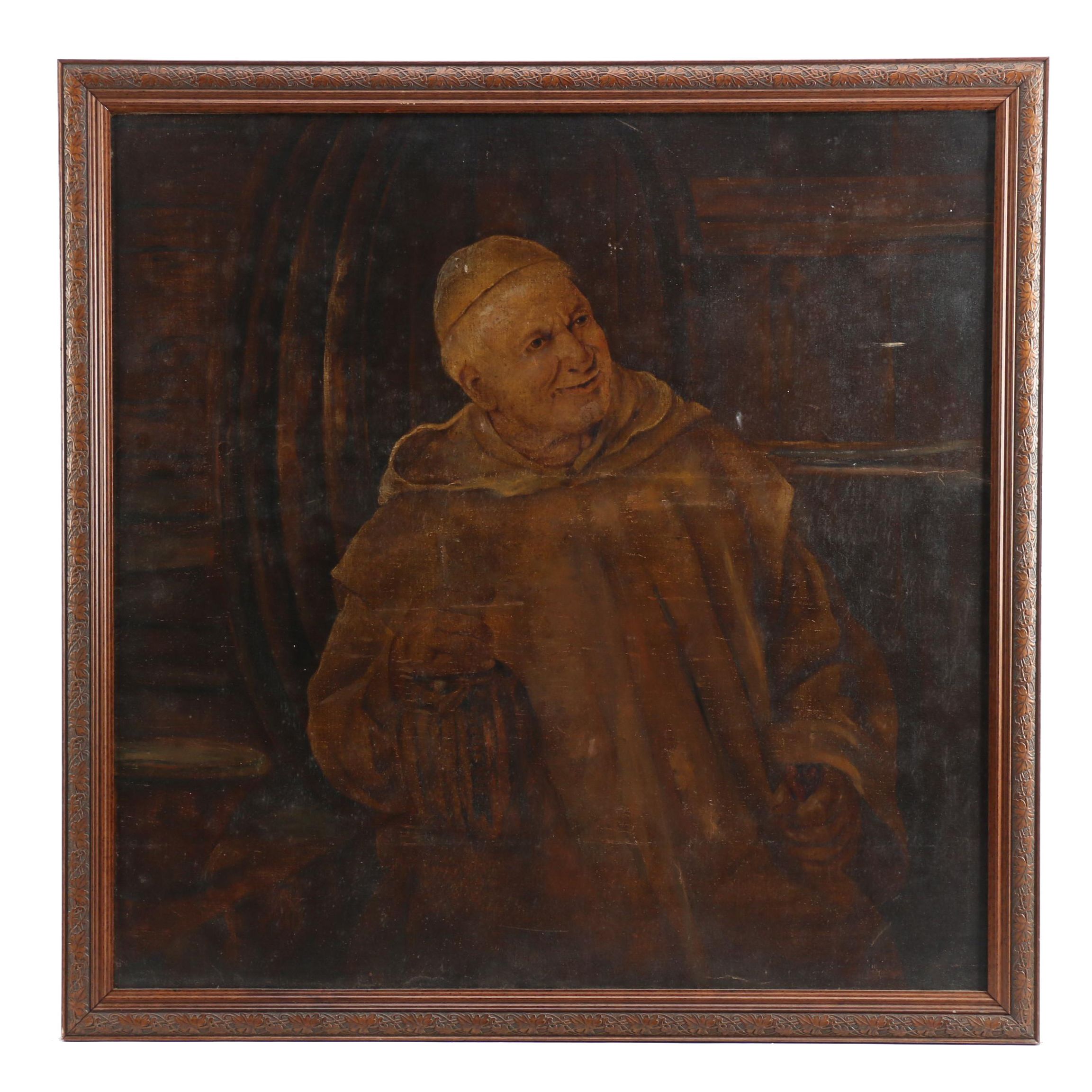 20th Century Oil Painting of Trappist Monk with Beer Barrel