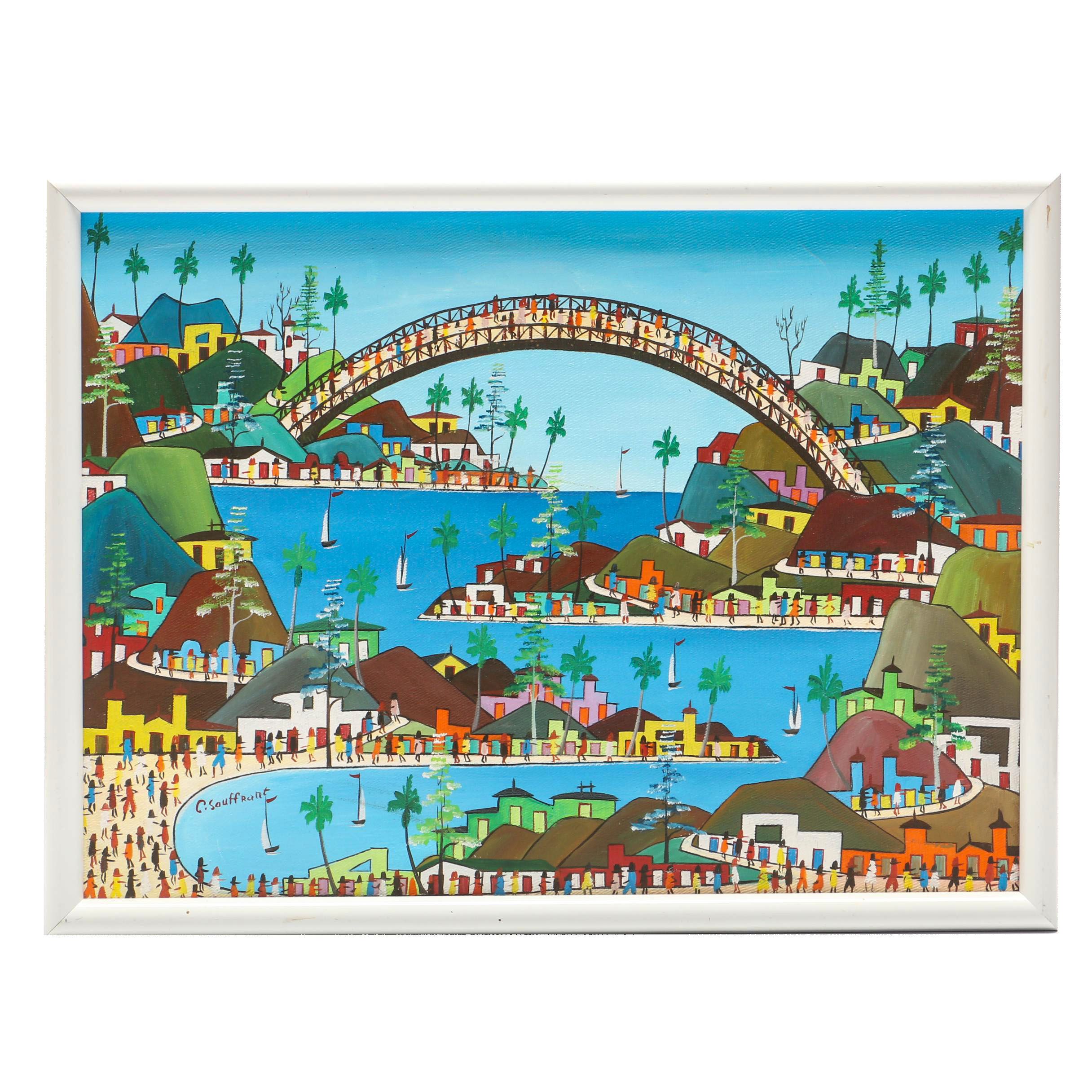 C. Sauffront 1981 Acrylic Painting of Coastal City Scene