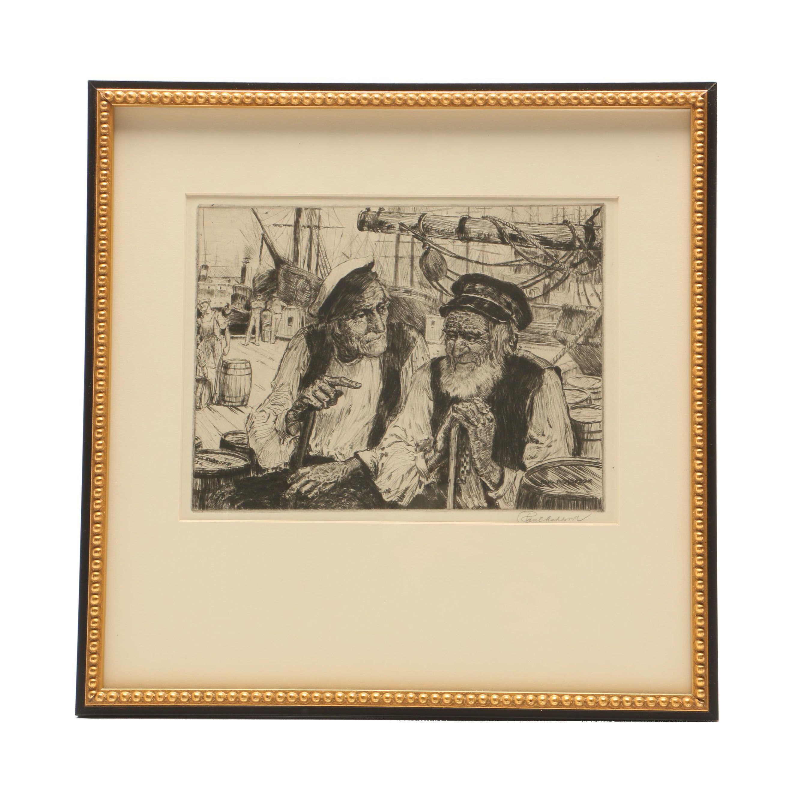 Paul Ashbrook Etching of Two Sailors on Dock